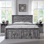 26" Tall Farmhouse Nightstand, 2 Drawers End Table w/Charging Station, 23.6" Wide Large Side Table w/Roman Column, Wood Rustic Sofa Table w/Open Shelf, Bedside Table for Bedroom, Light Gray