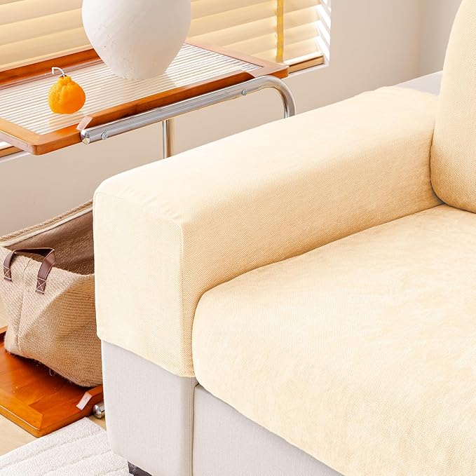 Chenille Sofa Armrest Covers, Soft Stretch Non-Slip Couch Arm Covers for Sofa, Chair or L Shaped Sectional, Furniture Protector (2 Pieces, Beige)