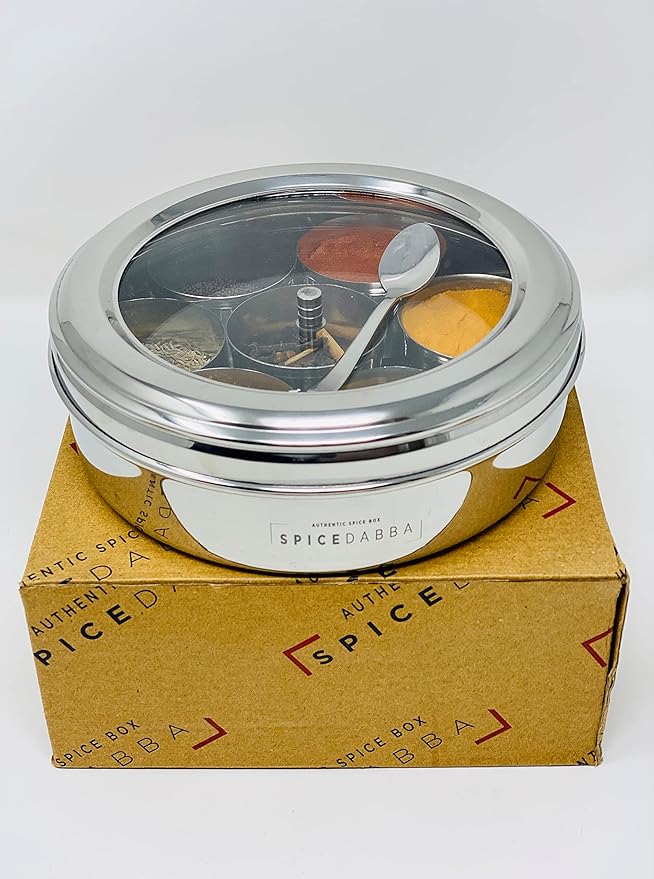 spice dabba Stainless Steel Indian Spice Box, Steel Masala Dabba, Double Lid Spice Container | Gift for Chefs | Size 8x8x2 In (Spice Box Only)