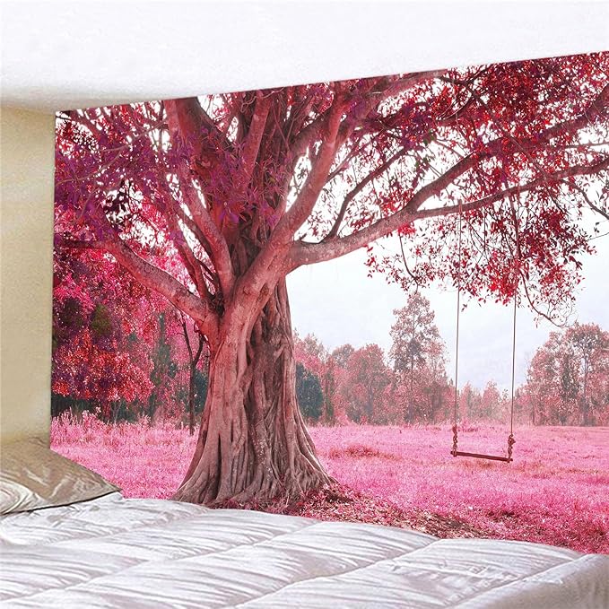 FENDROM Autumn Pink Flower Tapestry Window View Wall Hanging, Nature Forest Floral Trees Garden Scenic Tapestries for Living Room Home Office Dorm
