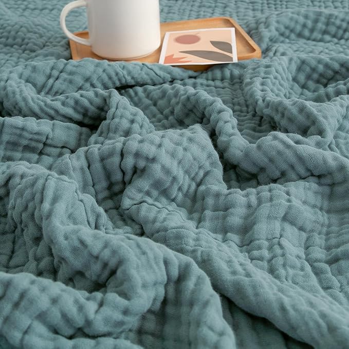 EMME Muslin Throw Blanket 100% Cotton Blankets for Couch Breathable Gauze All Season Soft and Lightweight Pre-Washed (Teal, 50"x70")