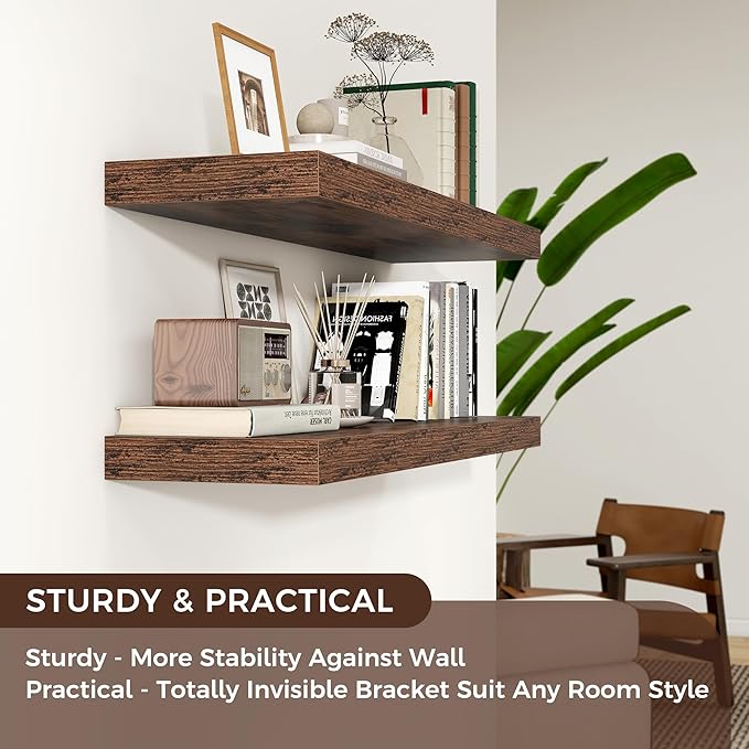 Floating Shelves - 2 Large Wall Mounted Shelves with Invisible Brackets, Long Wood Floating Wall Shelf for Living Room, Bedroom, Kitchen (Brown, 48" W x 9" D x 1.5" H)