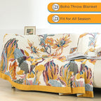 Boho Throw Blanket for Bed,100% Cotton Breathable Muslin Soft Throw, Fall Bed Throw Blanket Floral Bird Butterfly Printed Decor Large Blankets,80"×90" Rustic Farmhouse Throw for Sofa Couch Chair
