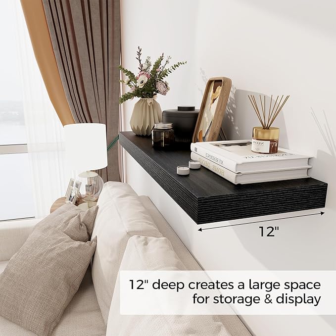 Black Floating Shelves 36 Inch Long, 12 Inch Deep Floating Shelves for Wall, 36 x 12 Shelves for Wall Storage & Display, 2" Thick Floating Shelf for Bathroom, Living Room, Bedroom, Set of 1