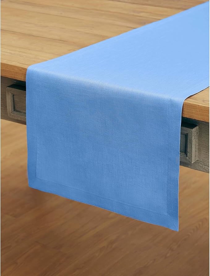 Solino Home Linen Table Runner 60 Inches - 100% Pure Linen Provence Blue Table Runner 14 x 60 Inch Ideal for Dresser and Coffee Tables - Fete