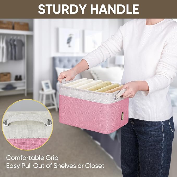BALEINE 2 Pack Fabric Storage Bins for Shelves, Linen Storage Baskets for Organizing, Decorative Closet Bins for Clothes, Home (Pink, 12"x8"x8")