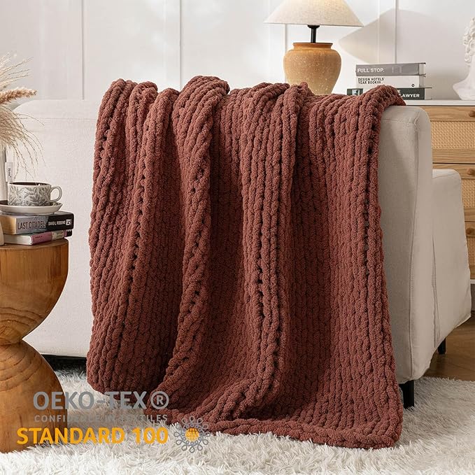 Chunky Knit Blanket Throw, 100% Hand Knit Throw Blanket Handmade Chenille Cable Knit Throw for Couch, Stylish Cozy Soft Rope Knot Crochet Blanket for Home Decor, Copper Brown, 50x60 Inches