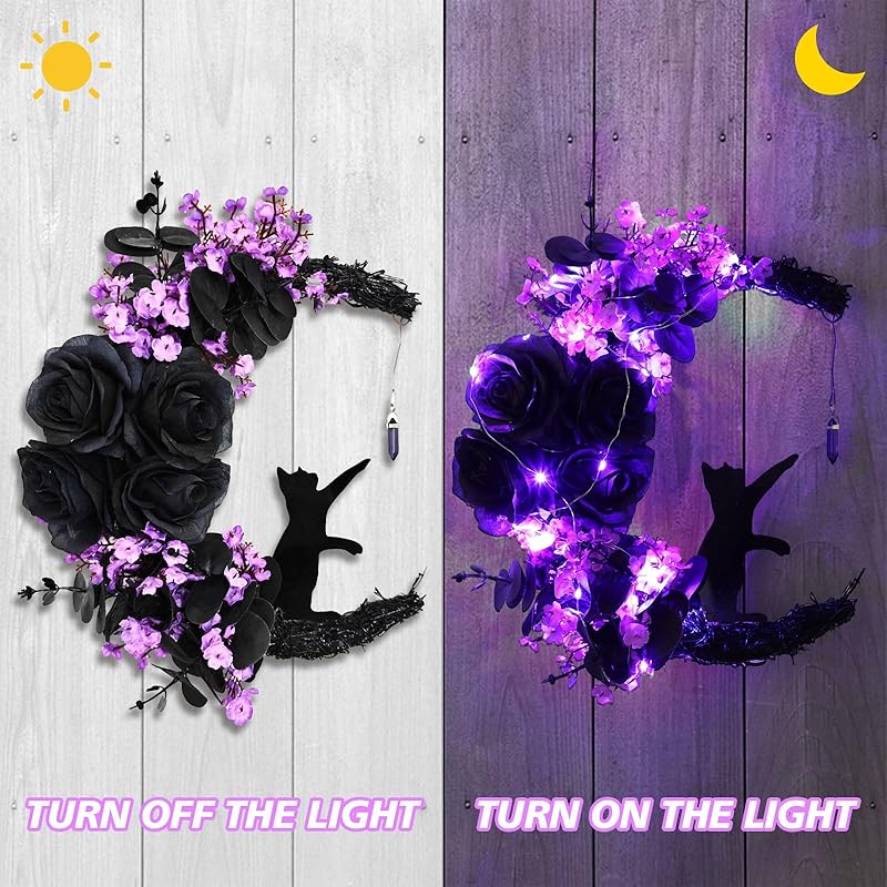 Halloween Wreaths for Front Door with Light, Black Cat Crescent Moon Wreath, Cute Cat Garland Halloween Door Decorations for Outdoor Indoor Decor Wall Window Home Party