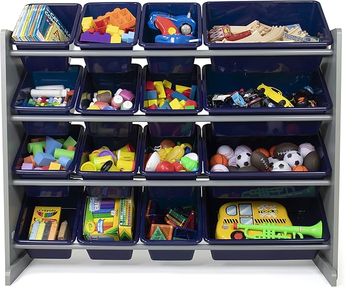 Humble Crew Supersized Toy Storage Organizer with 16 Removable Bins, Grey/Navy – Large Toy Storage for Toddlers Ideal for Kids' Rooms, Playrooms, and Nurseries - Modern Toy Bins for Kids