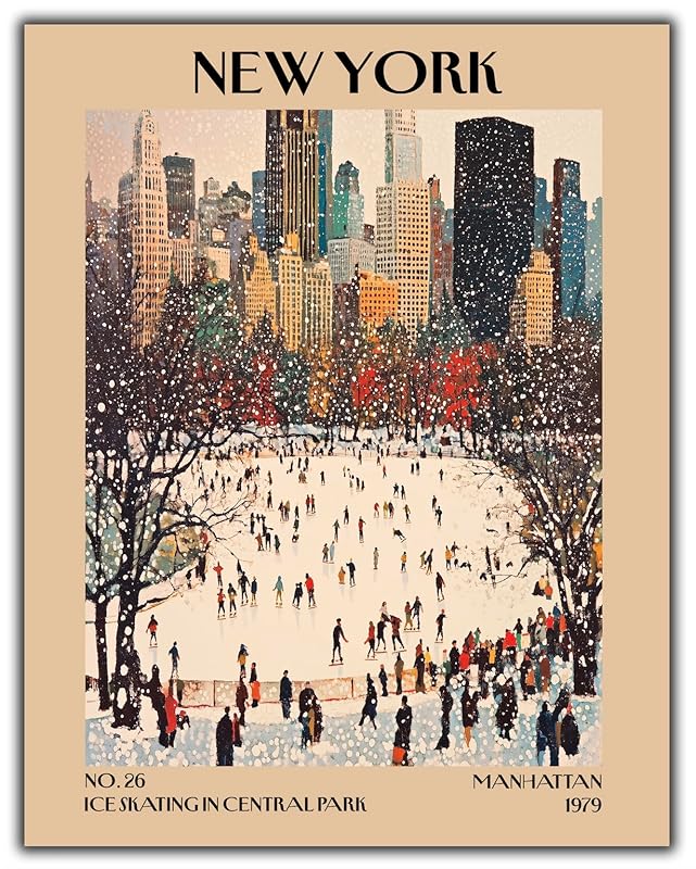 Retro Vintage New York Wall Art Print - 11x14 Unframed Poster - New York City Souvenirs, Cute Trendy Colorful Wall Decor (Ice Skating in Central Park, 11x14")