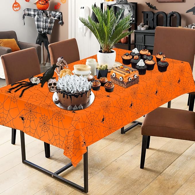 2 Pcs Halloween Tablecloth - Plastic Halloweens Spider Webs Table Cloth, Orange Disposable Rectangle Spiderweb Table Cover for Halloween Party Decorations Supplies Favors Tables Decor, 108 x 54 Inch