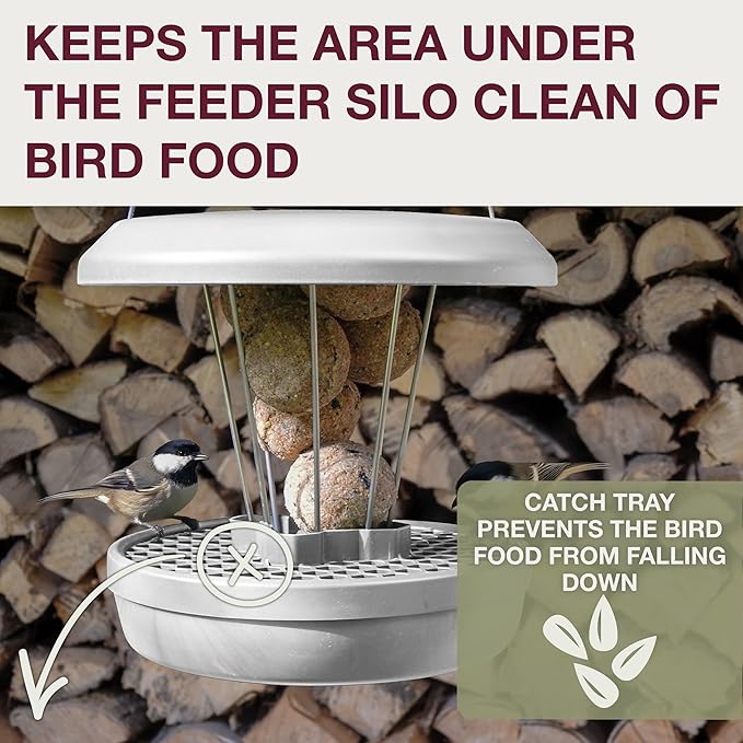 SWISSINNO No Mess Bird Feeder Lucerne Smart Birds for Fat Balls - Feed Birds, not mice & Rats! Robust & Reliable for Hanging - Light Grey