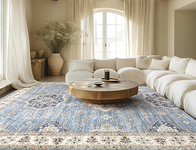 Washable Area Rugs for Living Room -10x13 Neutral Vintage Distressed Floral Farmhouse Boho Large Soft Floor Rug Indoor Non Slip Carpet for Living Room Bedroom Dining Room Office - Blue