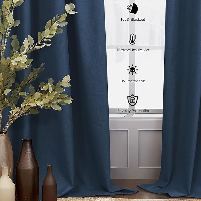 Navy Blue Curtains 90 Inches Long for Living Room Blackout 52 Inch Wide Curtains for Bedroom Window Floor Length Soft Fabric Polyester Linen Blend Noise Reduction Soundproof Nautical Curtain Dark Blue