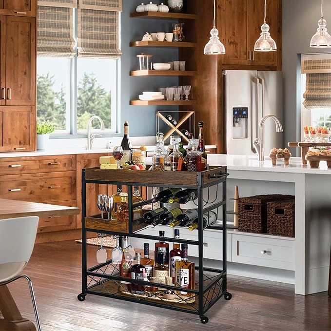 Bar Cart Industrial Kitchen Serving Carts for Home 3 Tier Storage Trolley with Wine Rack Glasses Holder Two Portable Trays Universal Casters with Brakes Rustic Rolling Cart Alcoholic Beverage