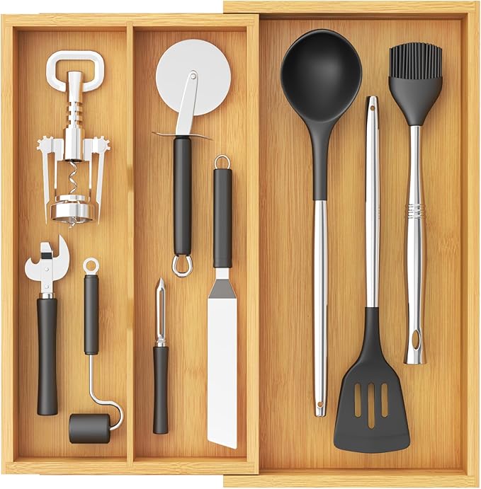 Lifewit Utensil Drawer Organizer, Expendable Cooking Silverware Tray for Kitchen Drawer, Bamboo Adjustable Cutlery Flatware Holder, Spatula Tools and Gadgets Storage Divider, 3 Compartments, Natural
