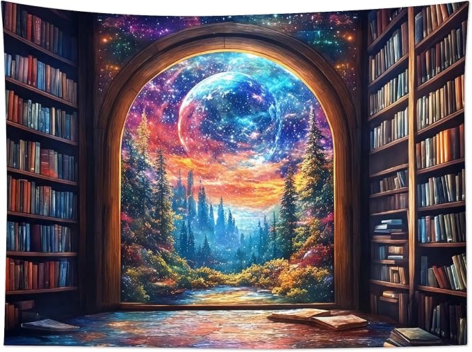 LB Fantasy Bookshelf Moon Tapestry, Trippy Tree and Vintage Library in Forest Wall Tapestry for Bedroom, Galaxy Cool Wall Art for Living Room Dorm Classroom Home Decor Ready to Hanging, 92.5 x 70.9 Inches