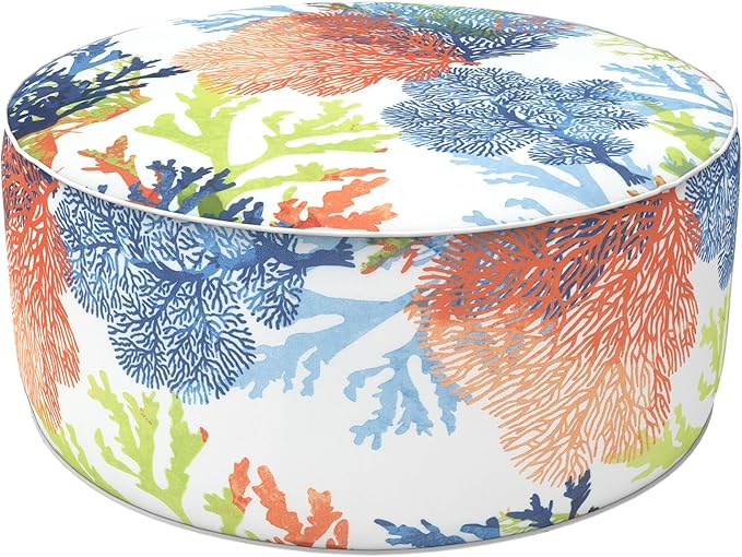 LVTXIII Outdoor Inflatable Ottoman, Patio Fade-Resistant Footrest Stool with Handle, Portable Round Ottoman Pouf for Patio Garden, Camping or Home Use, 21"x21"x9", Coral Multi