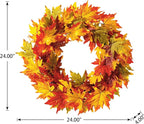 Glitzhome 24 Inch Pre-lit Fall Wreath, Autumn Wreath for Front Door, Lighted Maple Leaves Wreaths with Timer for Thanksgiving Halloween Christmas Wall Front Porch Home Decoration