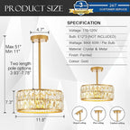 12” 3-Light Modern Crystal Chandeliers Gold Dinning Room Light Fixture, Round Pendant Light Kitchen Island Chandelier, Flush Mount Ceiling Light for Living Room Entryway Bedroom Foyer