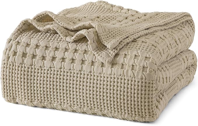 PHF 100% Cotton Waffle Weave Blanket Twin Size, Soft Lightweight Breathable Cozy Summer Blankets for Bed, Luxury Aesthetic Woven Bedding for Home Decor, 66"x90", Khaki