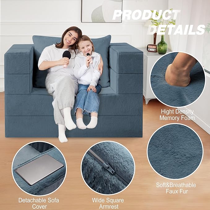 Folding Bean Bag Chair for Adults,3-in-1 Bean Bag Couch Faux Fur Floor Sofa Large Beanbag Convertible Bean Bag Sofa Bed with Pillow in Bedroom,Living Room,Apartment(Twin,Gray)
