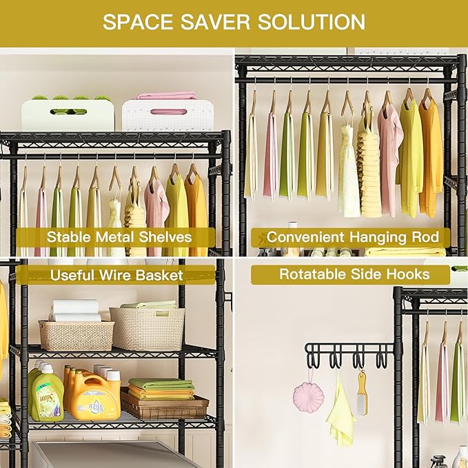 Ulif 65.3" W x 13.4" D x 77.5" H Clothes Drying Rack, 5 Tiers Over Washer and Dryer Laundry Room Storage and Organizer, Heavy-Duty Space Saver, Black
