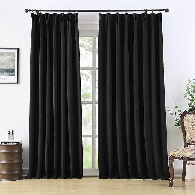RAIN CITY Extra Wide Blackout Curtains 70 x 102 Inch Long, Linen Blend Black Out Pleated Curtains 2 Panels Set, Back Tab Pocket Textured Curtain for Home Office Patio Sliding Glass Door