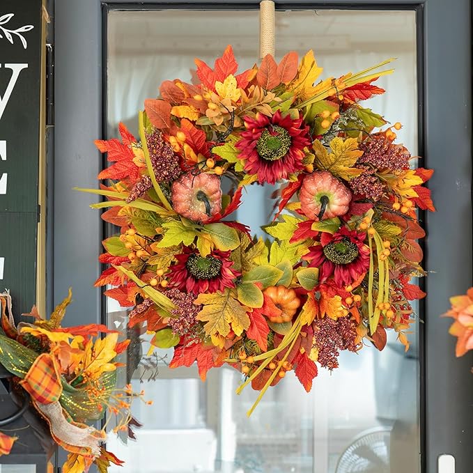 Fall Wreaths for Front Door 24 Inch- Full&Realistic Autumn Maple Leaves Wreath,Large Fall Door Wreath with Sunflower,Pumpkin,Berries for Thanksgiving Harvest Festival Decorations