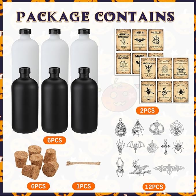 Uiifan 31 Pcs Halloween Potion Bottles Set Including Glass Apothecary Bottles with Cork Stickers and Pendants Halloween Decorations Indoor Party Supplies(White, Black,16 oz)