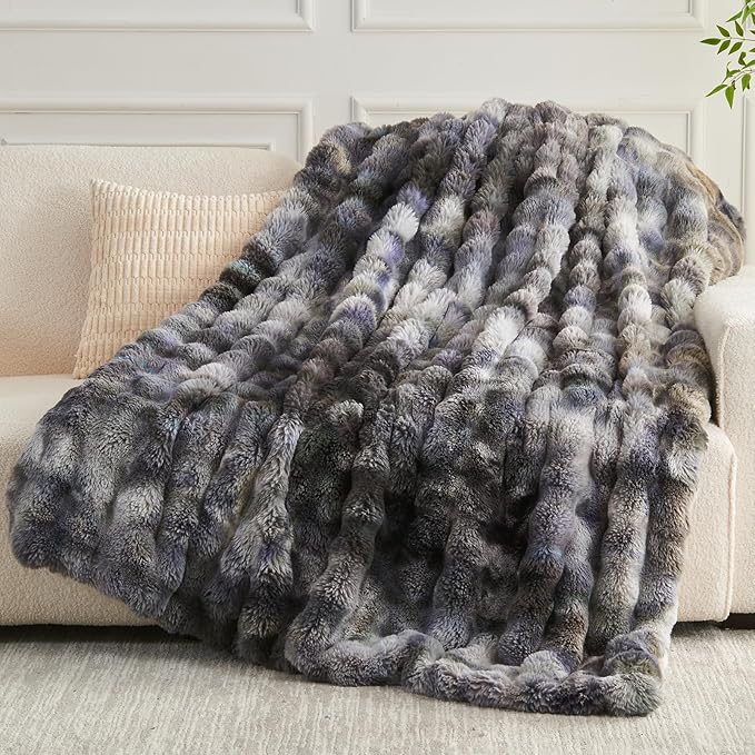 NEWCOSPLAY Faux Fur Throw Blanket Tie-dye Grey Luxury Fluffy Thick Warm Bubble Blanket for Couch Sofa Bed 700GSM (Tie-dye Grey, Throw(50"x60"))