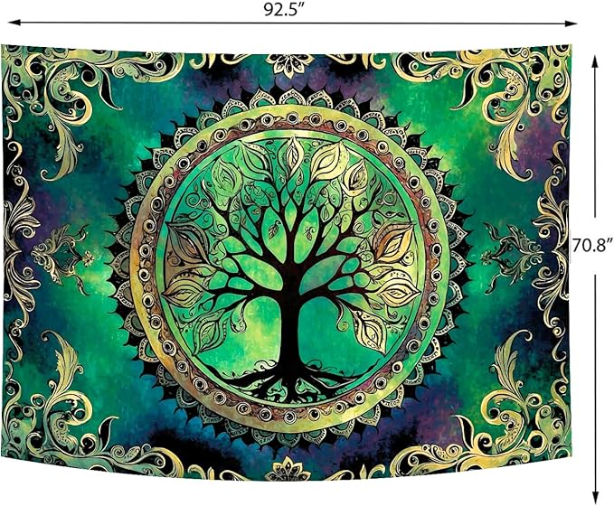 Delur Tree of Life Tapestry Green Nature Bohemian Mandala Spiritual Tapestry Wall Hanging Mystical Landscape Hippie Psychedelic Headboard for Bedroom Living Room Home Decor (70.8" x 92.5")
