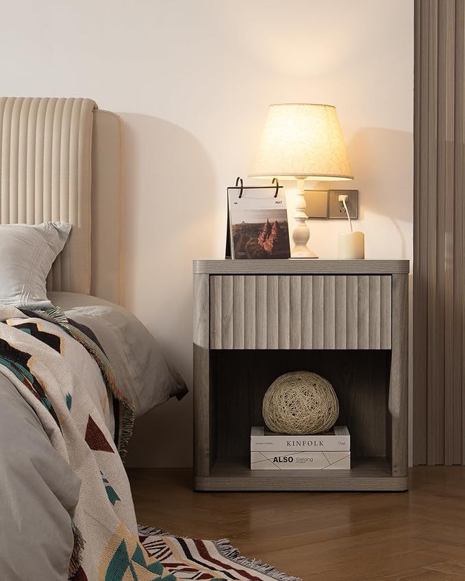 SICOTAS Large Nightstand with Drawer Storage - Grey Alder