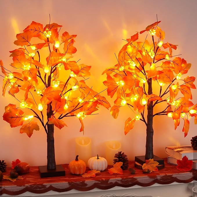 2 Pack 24 Inch Prelit Fall Maple Tree Fall Decor with 48 LED Timer Battery Operated Artificial Fall Light Up Tree Pumpkin Maple Acorn for Fall Thanksgiving Decorations Table Home Indoor Autumn Harvest