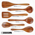 Zulay Kitchen Extra-Large 6-Piece Wooden Spoon Set - Smooth Teak Cooking Utensils - Comfort-Grip Non-Stick Turner, Spatula, Skimmer, Fork, Serving Spoon