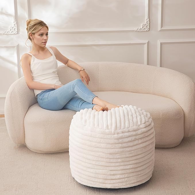 HIGOGOGO Round Stuffed Pouf Ottoman, Stripe Faux Fur Poufs with Foam Chunk Filling, Furry and Fluffy Pouf Foot Stool Storage Ottoman, 26 X 18 Floor Poufs Foot Rest for Living Room, Beige