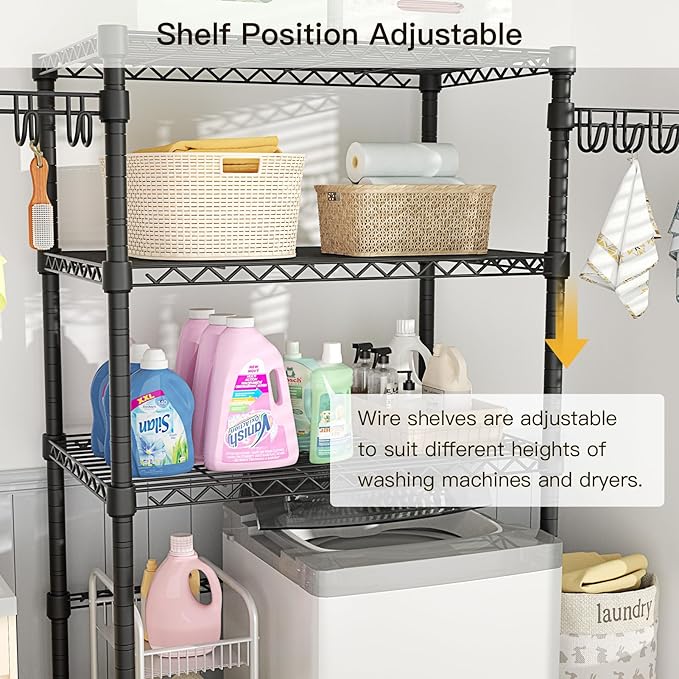 Ulif U8 Laundry Room Storage Organizer, Over The Washer and Dryer Storage Shelves for Laundry Organization, 35" W x 17.3" D x 76.2" H, Suit Washing Machine Width Within 32.6", Hold 304 lb, Black