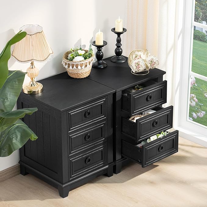 18" Farmhouse Night Stand with 3 Drawers, Wood End Table Dresser for Bedroom, Black Nightstand, Bed Side Table with Metal Handle, Bedside Cabinet for Bedroom Living Room, Closet