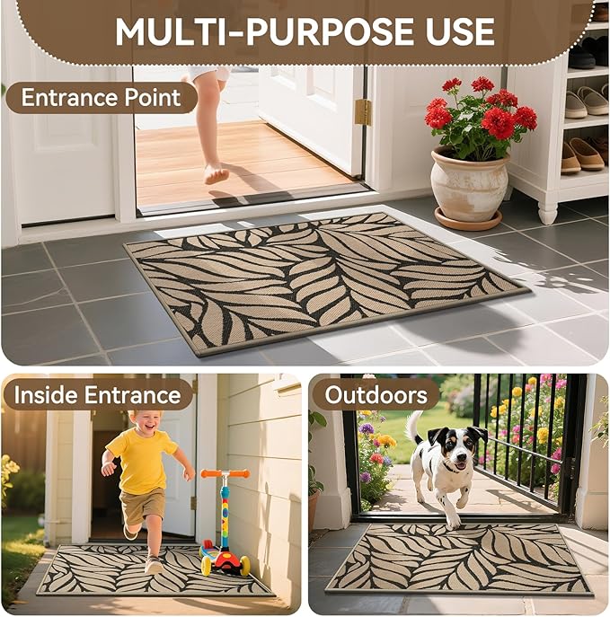 Front Door Mat Indoor Outdoor Entrance, 24''x35'' All-Season Waterproof Welcome Mat, Heavy Duty Non-Slip Rubber Backing, Patio Porch Doormat, Low Profile, Trap Dirt and Moisture, Brown