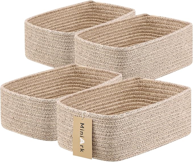 Small Storage Baskets for Organizing | Closet Organizer Bins | Shelf Toy Basket | Woven Rope Baskets | Cube Decorative Box | Shallow Basket | 11.5x7.5x4.7” | 4 Packs Mixed Brown