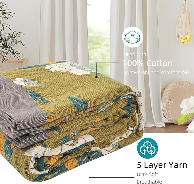 Boho Throw Blanket for Bed - 100% Pure Cotton Ultra Soft Rustic Quilt - Farmhouse Decor Bed Blankets, All Season Rustic Throw for Sofa Couch Chair(80''x 90'', Flower Branch)
