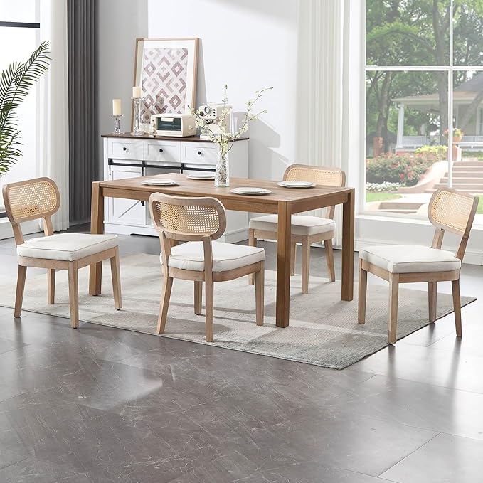Rattan Dining Chairs Set of 2, Linen Fabric Farmhouse Dining Room Chairs with Cane Back Curved Backrest Kitchen Chairs Rustic Armless Side Chairs for Dining/Living Room/Restaurant, Beige