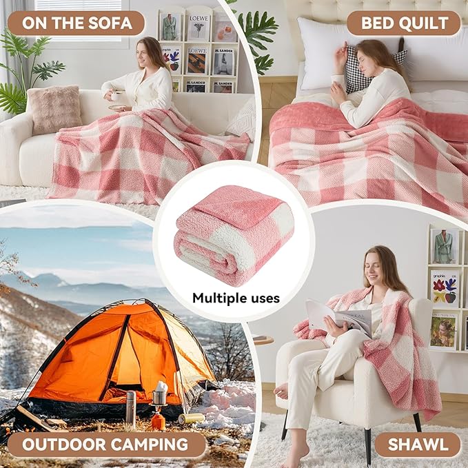 LURKA Checkered Sherpa Fleece Twin-Size Bed Blanket - Extra Thick and Warm Winter Soft Fuzzy Plush Blanket for Couches, Beds & Pets, Powder Pink, 60x80 Inches