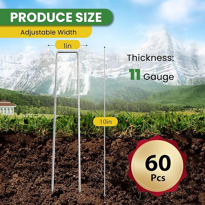 Landscape Staples 10 Inch 60 Pack, Garden Stakes Galvanized Garden Staples 11 Gauge, Plant Cover Stakes for Lawn Weed Barrier