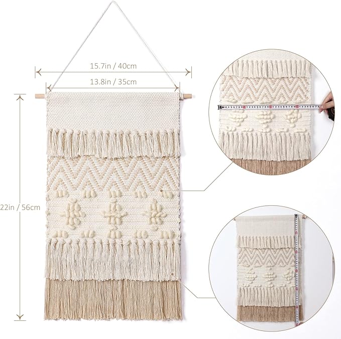 Dremisland Macrame Woven Wall Hanging Home Decor Bohemian Beige Geometric Wave Art Decor with Wool Ball and Tassle-Elegant Apartment Bedroom Dorm Room Door Decoration, 15.7" W x 22" L (Beige Wool Ball)