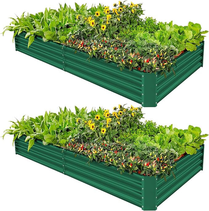 Land Guard 2 Pack 8×4×1ft Galvanized Metal Raised Garden Bed, Metal Planter Kit Box Outdoor for Deep-Rooted Vegetables, Flowers, Green and Herbs (Green)