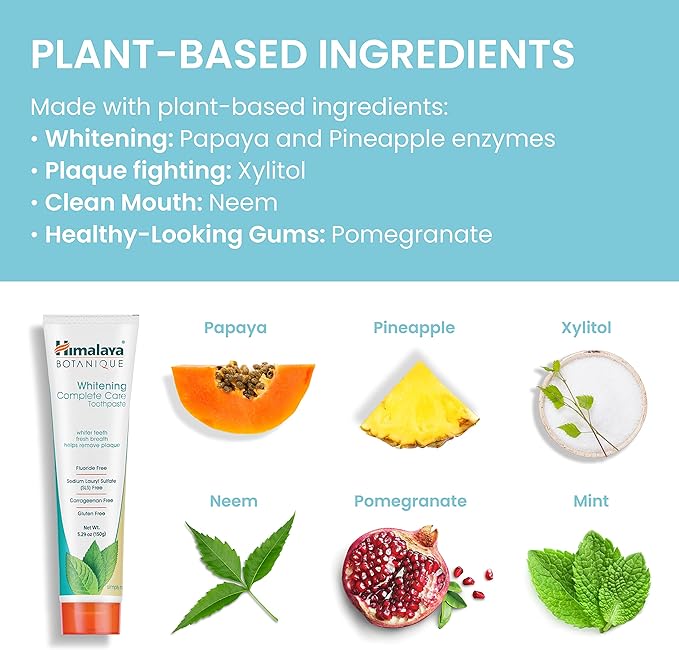 Himalaya Botanique Whitening Complete Care Toothpaste, Teeth Whitening, Fights Plaque, Fluoride Free, No Artificial Flavors, SLS Free, Cruelty Free, Foaming, Simply Mint Flavor, 5.29 Oz, 2 Pack