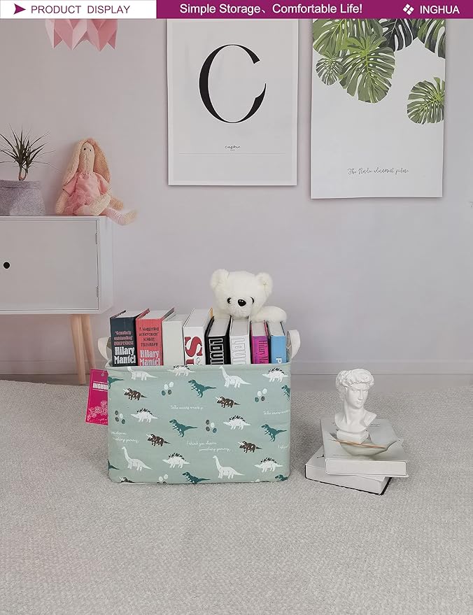 Rectangular Storage Basket Fabric Organizer Bin for Toys,Books,Clothes,Gifts,Pets-Perfect for Home,Office,Nursery,Dorm,Shelf(Rec dinosaur)