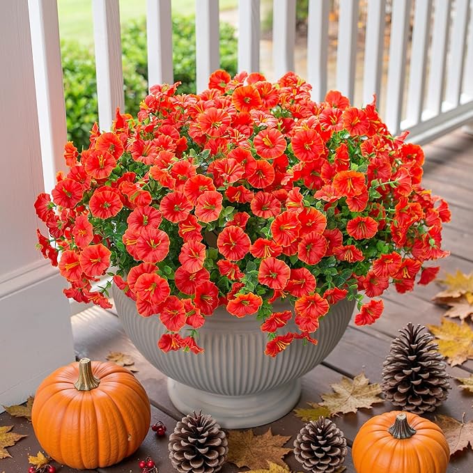 Artificial Fall Flowers Fake Plants for Outdoors Autumn Decoration, 12 Bundles Orange Silk Morning Glory with Eucalyptus Look Real UV Resistant Faux Flowers for Outside Planters Front Door Yard Indoor