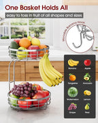 Fruit Basket for Kitchen Counter - 2-Tier Large Capacity Fruit Bowl with Detachable Banana Hanger, Rust-Proof Metal Fruit Holder for Vegetables, Bread, Toiletry,10" D x 10" W x 14" H, Silver.